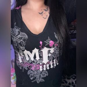 FMF Black and Pink Graphic V-Neck Top